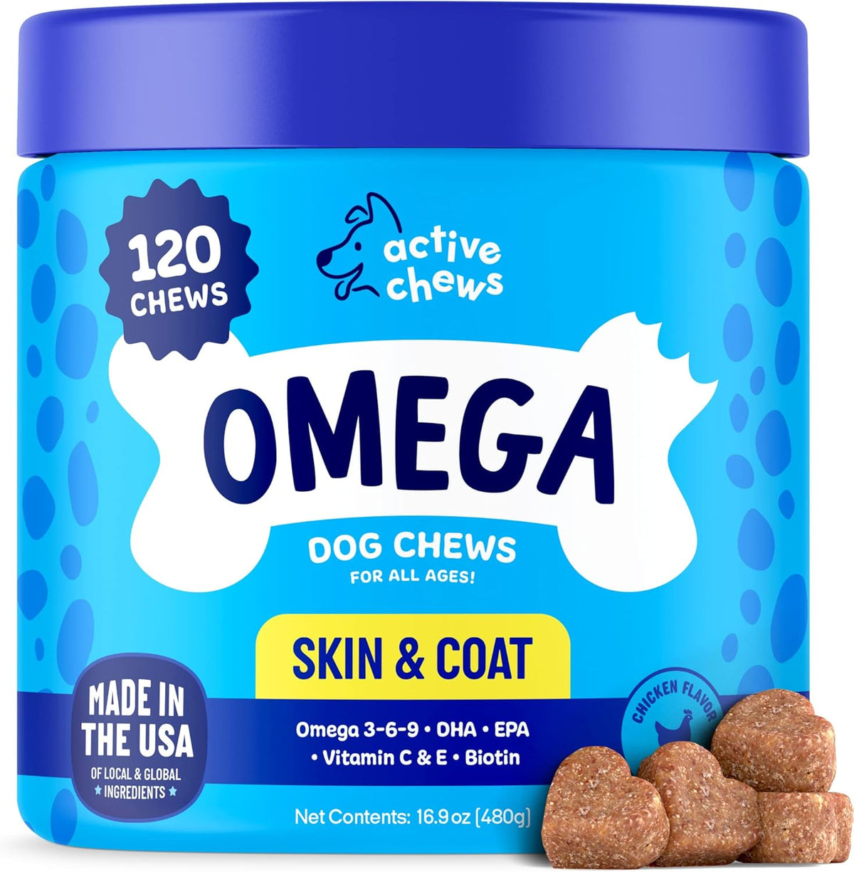 Omega 3 Fish Oil Dog Chews – 120ct – for Skin, Coat & Shedding