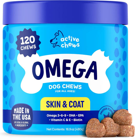 Omega 3 Fish Oil Dog Chews – 120ct – for Skin, Coat & Shedding