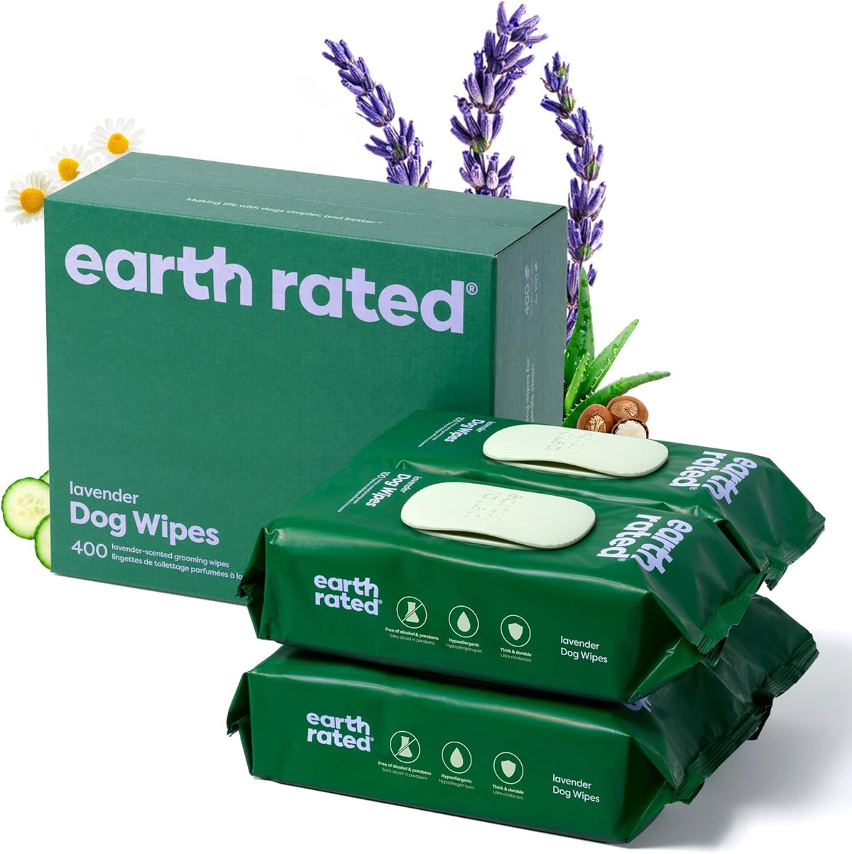 Earth Rated Dog Wipes – Hypoallergenic, Lavender, 400ct – Paws, Body & Butt