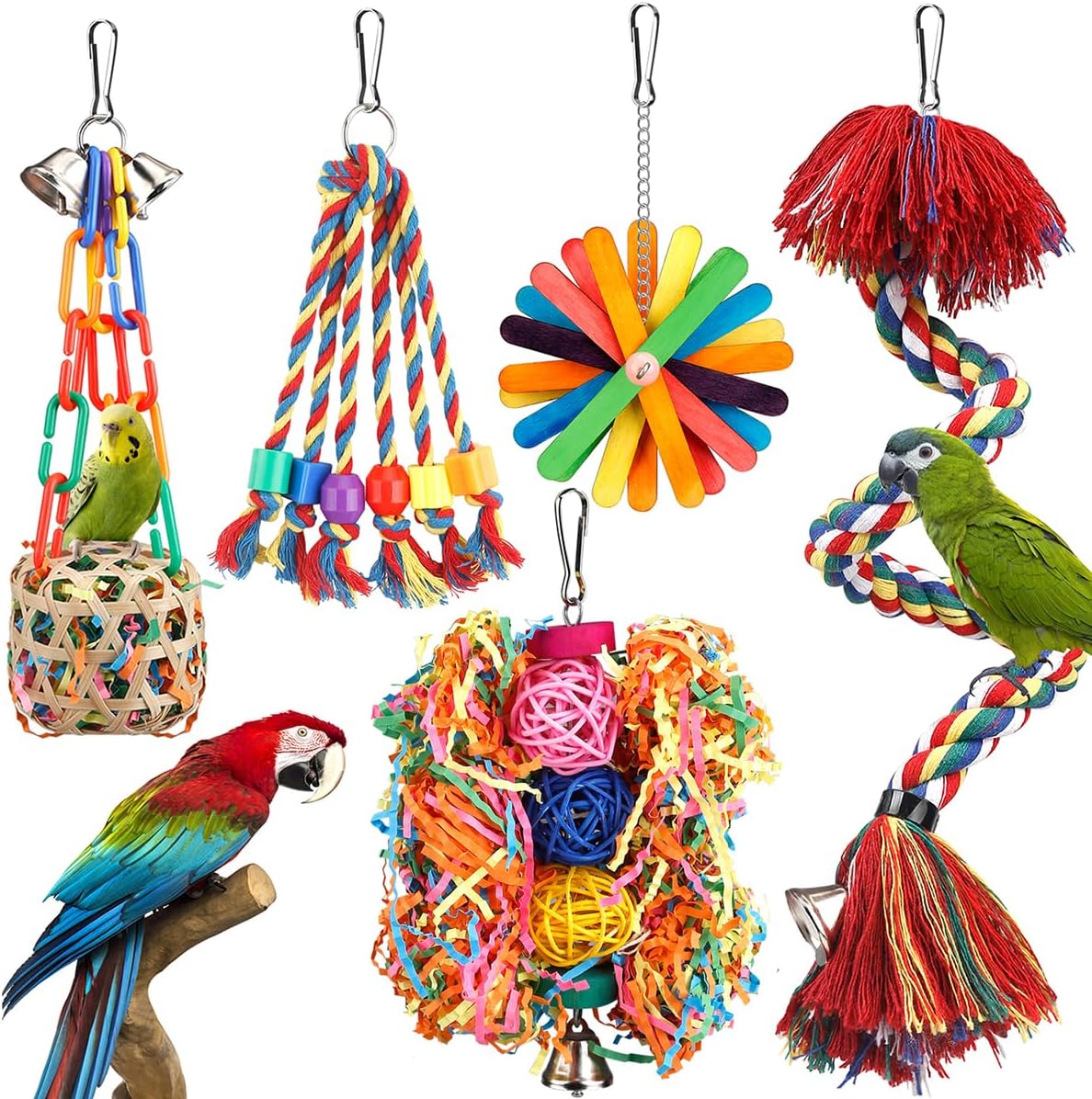 Colorful Bird Rope Perch – Chewing, Swing & Bell Toy – for Parrots & Budgies