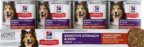 Hill's Science Diet Adult Sensitive Stomach & Skin Wet Dog Food, Tender Turkey & Rice Stew, 12.5 oz Cans (Pack of 12)