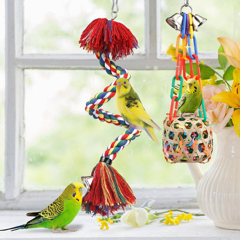 Colorful Bird Rope Perch – Chewing, Swing & Bell Toy – for Parrots & Budgies