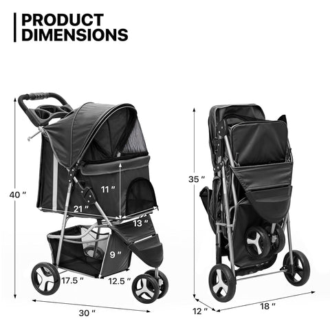 MoNiBloom Foldable Pet Stroller – 3-Wheel, All-Season – for Small/Medium Pets