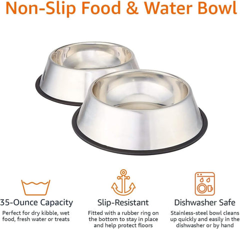 Amazon Basics Stainless Steel Pet Bowls – Non-Skid, 2-Pack – 4-Cup Capacity